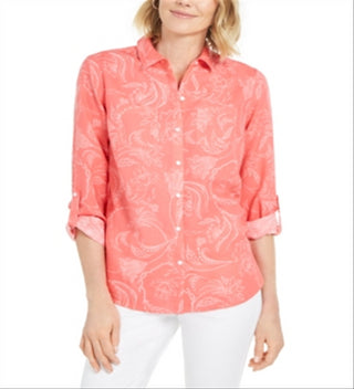 Camisa feminina Charter Club Artful Paisleys estampada em mistura de linho vermelha tamanho pequeno