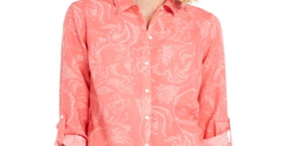 Camisa feminina Charter Club Artful Paisleys estampada em mistura de linho vermelha tamanho pequeno