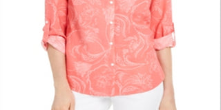 Camisa feminina Charter Club Artful Paisleys estampada em mistura de linho vermelha tamanho pequeno