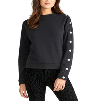 Moletom feminino Rachel Rachel Roy Marina com mangas de encaixe mescladas, preto, tamanho GG