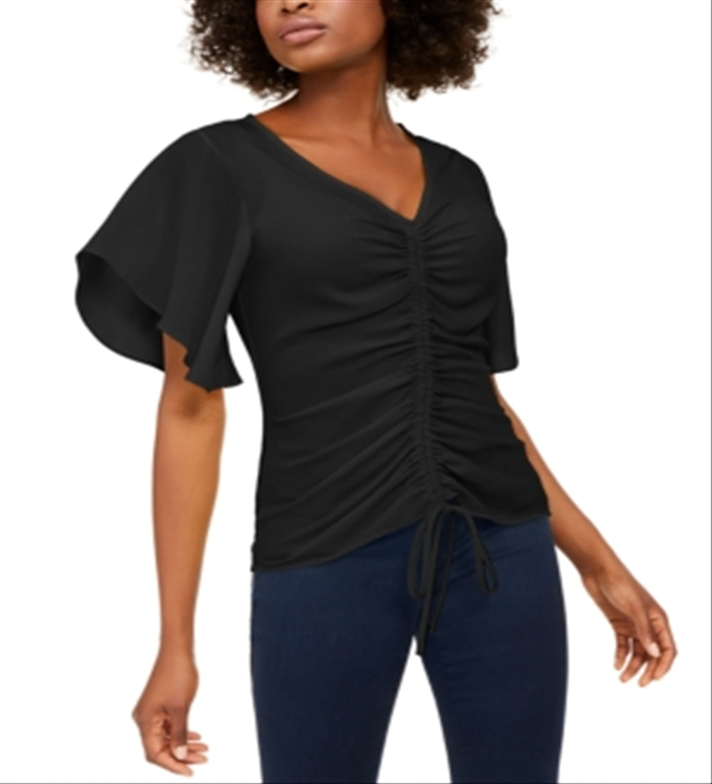 Blusa feminina INC Petite com franzido na frente, preta, tamanho Petite S