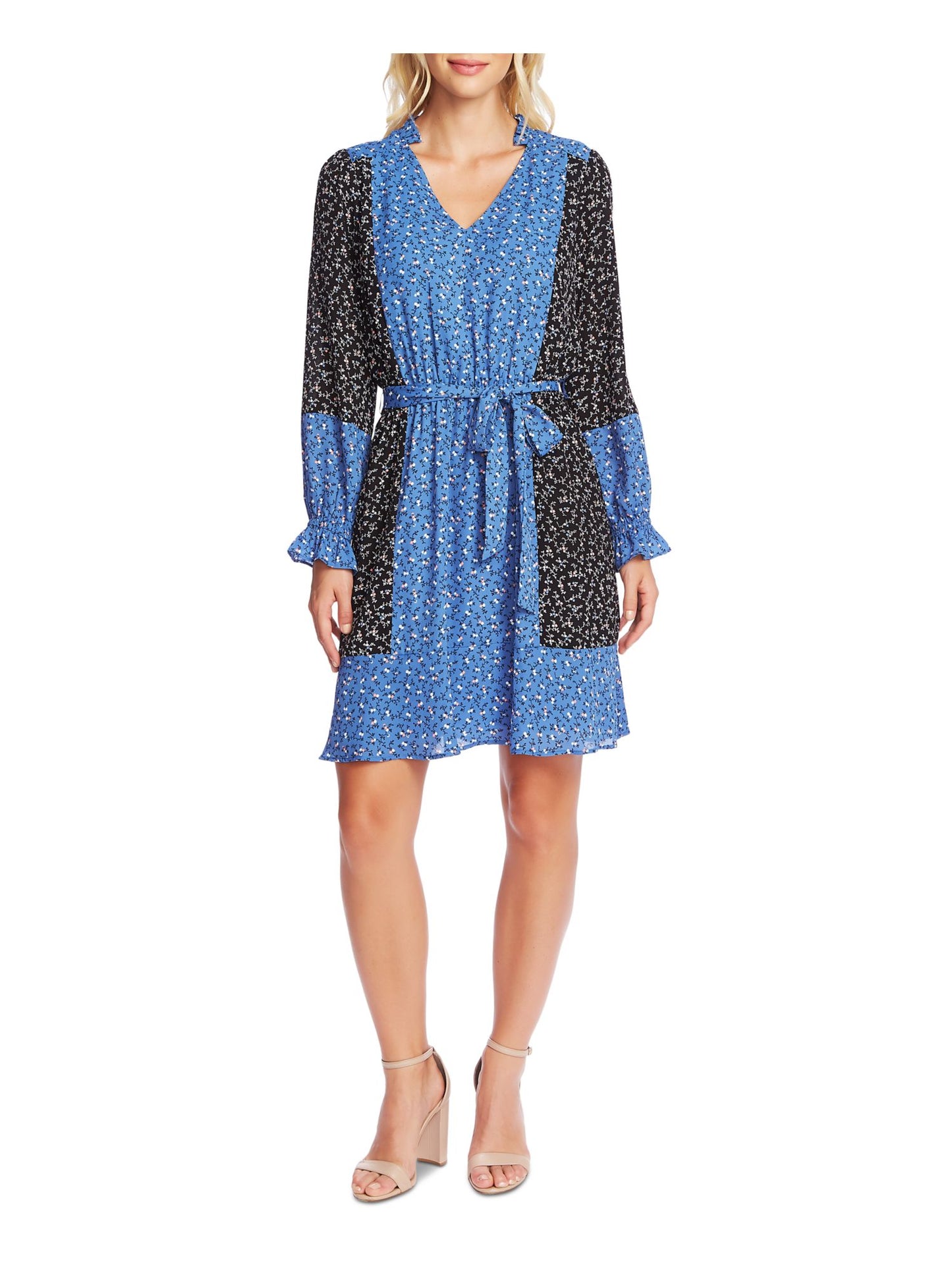 Vestido feminino Cece com cinto floral, manga comprida, decote em V acima do joelho, trapézio, azul, tamanho GG