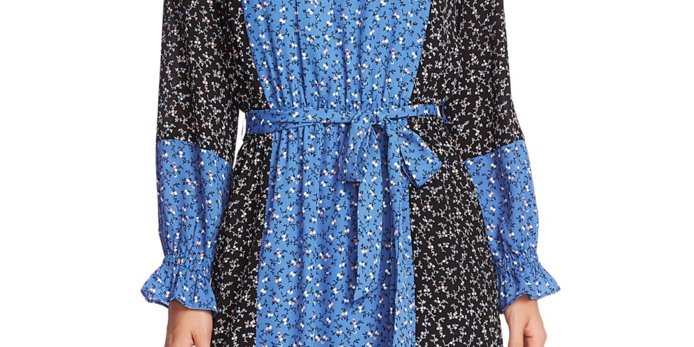 Vestido feminino Cece com cinto floral, manga comprida, decote em V acima do joelho, trapézio, azul, tamanho GG