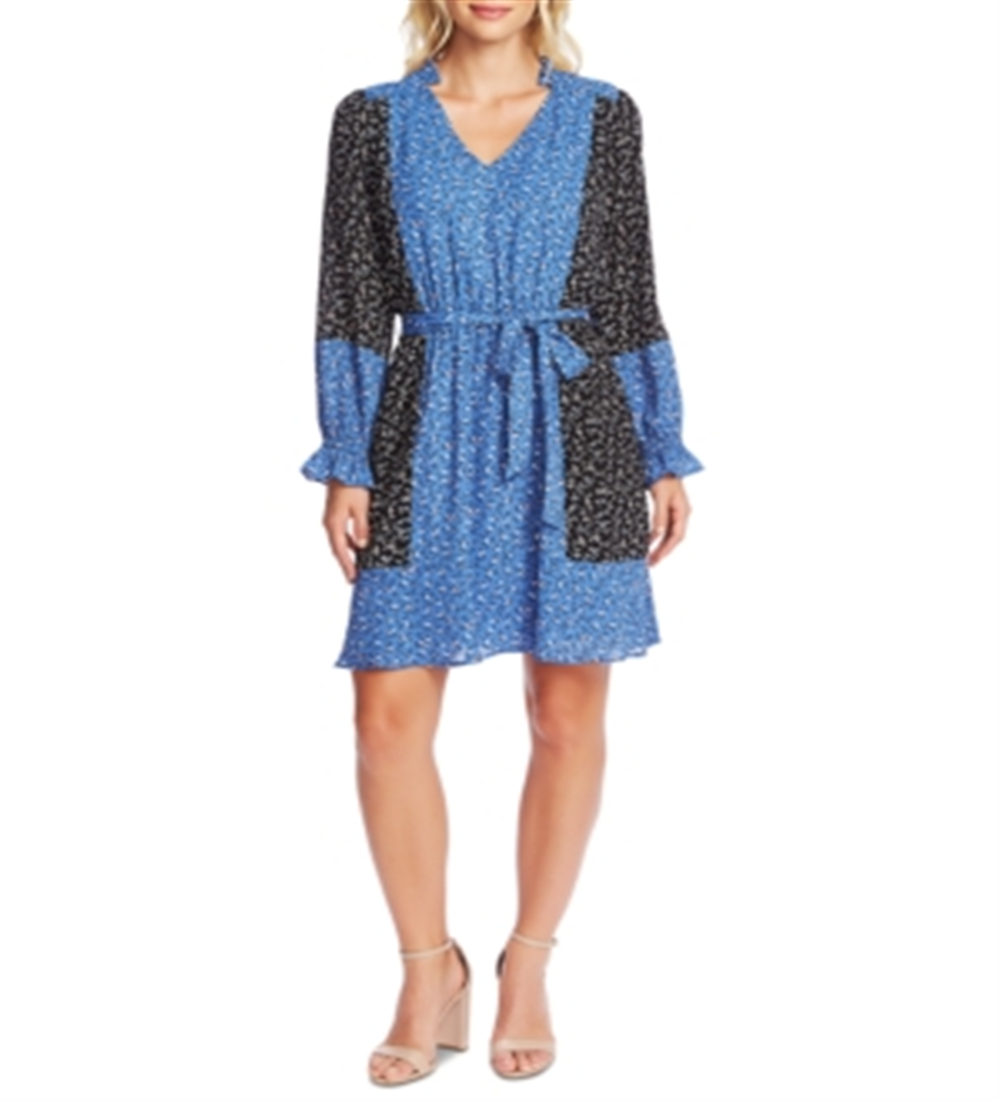 Vestido feminino Cece com cinto floral, manga comprida, decote em V acima do joelho, trapézio, azul, tamanho GG