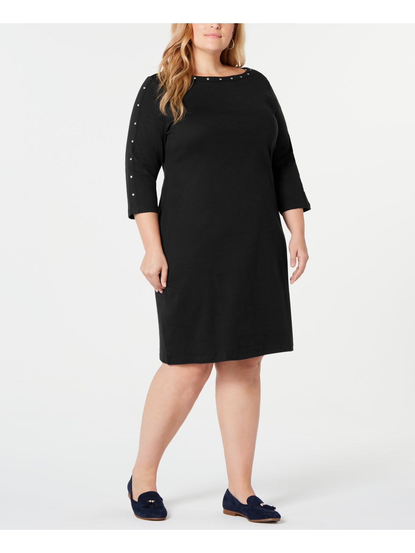 Vestido feminino Karen Scott de algodão com decote canoa e tachas, preto, tamanho 0X