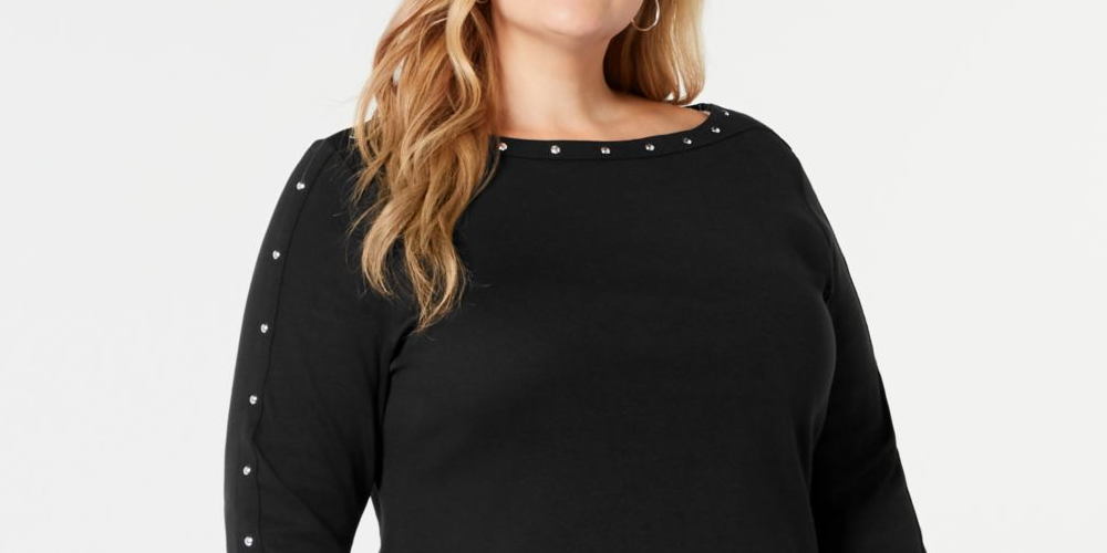 Vestido feminino Karen Scott de algodão com decote canoa e tachas, preto, tamanho 0X