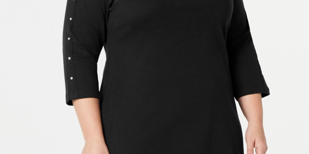 Vestido feminino Karen Scott de algodão com decote canoa e tachas, preto, tamanho 0X