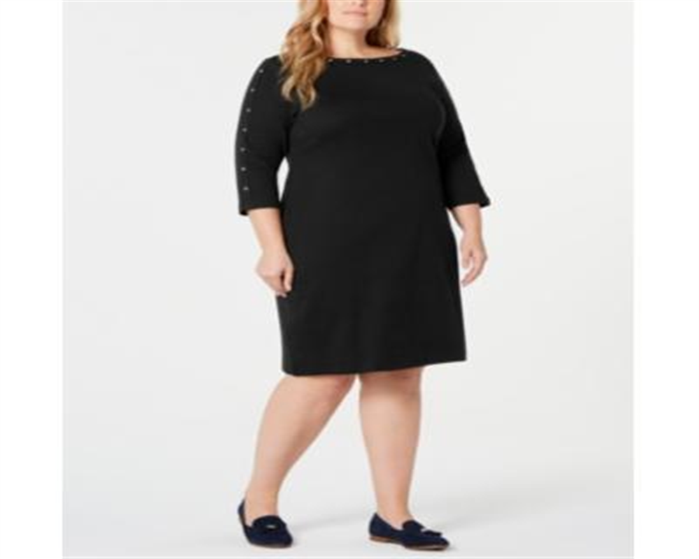 Vestido feminino Karen Scott de algodão com decote canoa e tachas, preto, tamanho 0X