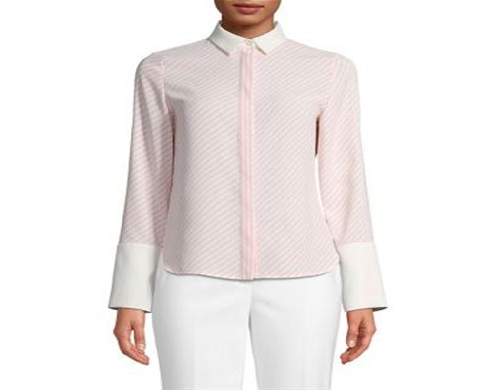 Anne Klein Women's First Blush/Anne White Women's Manga Longa Listrada CDC Oxford Top Rosa Tamanho Médio