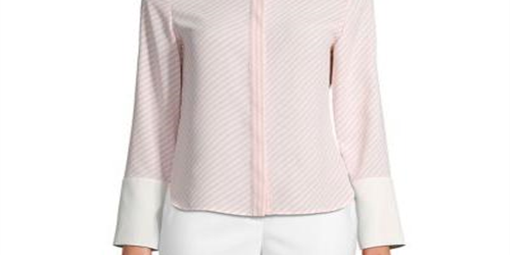 Anne Klein Women's First Blush/Anne White Women's Manga Longa Listrada CDC Oxford Top Rosa Tamanho Médio