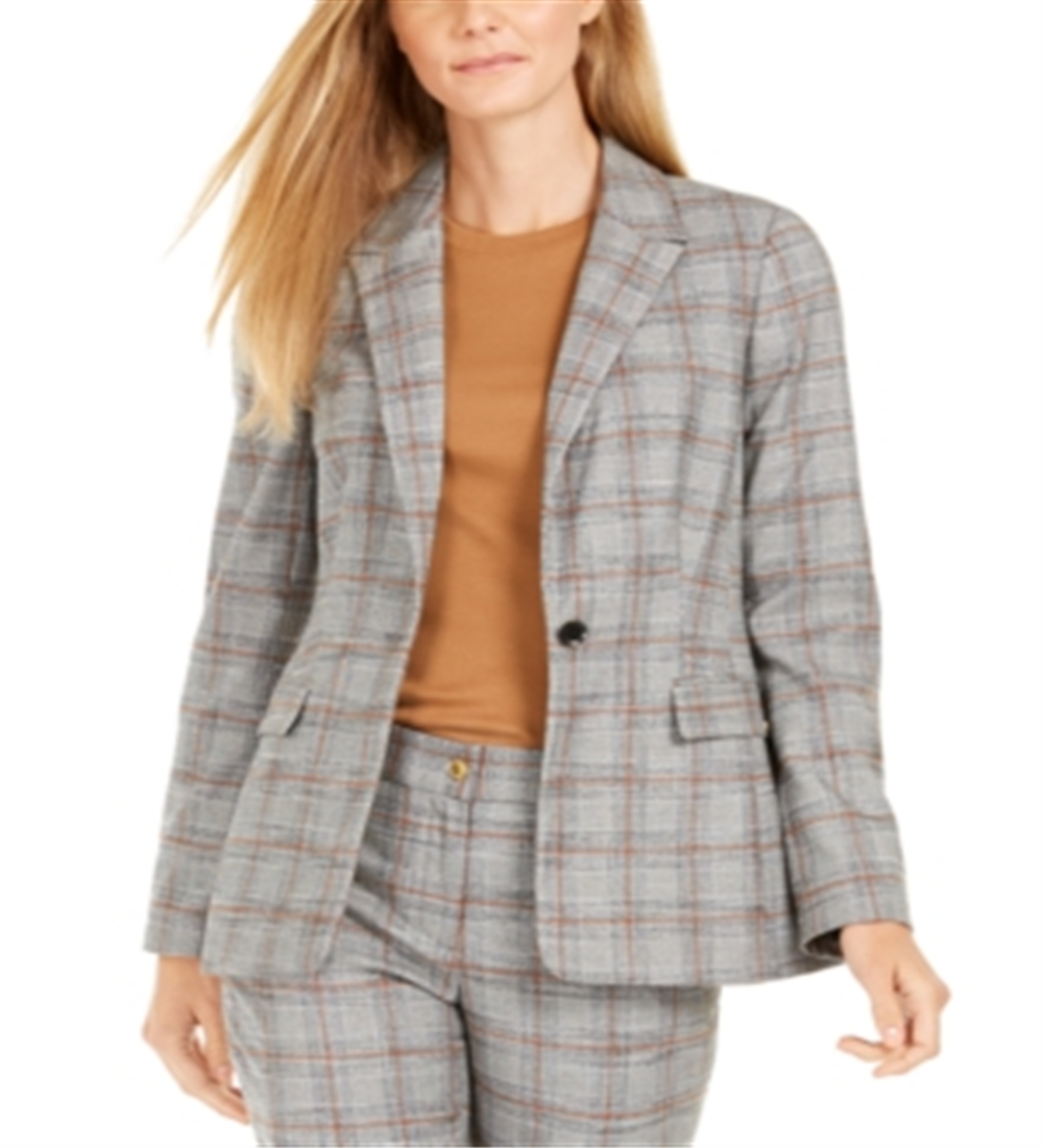 Calvin Klein Blazer Xadrez Feminino de Um Botão - Laranja Multi Marrom Tamanho 6