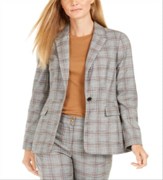 Calvin Klein Blazer Xadrez Feminino de Um Botão - Laranja Multi Marrom Tamanho 6