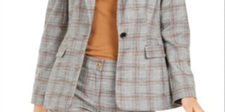 Calvin Klein Blazer Xadrez Feminino de Um Botão - Laranja Multi Marrom Tamanho 6