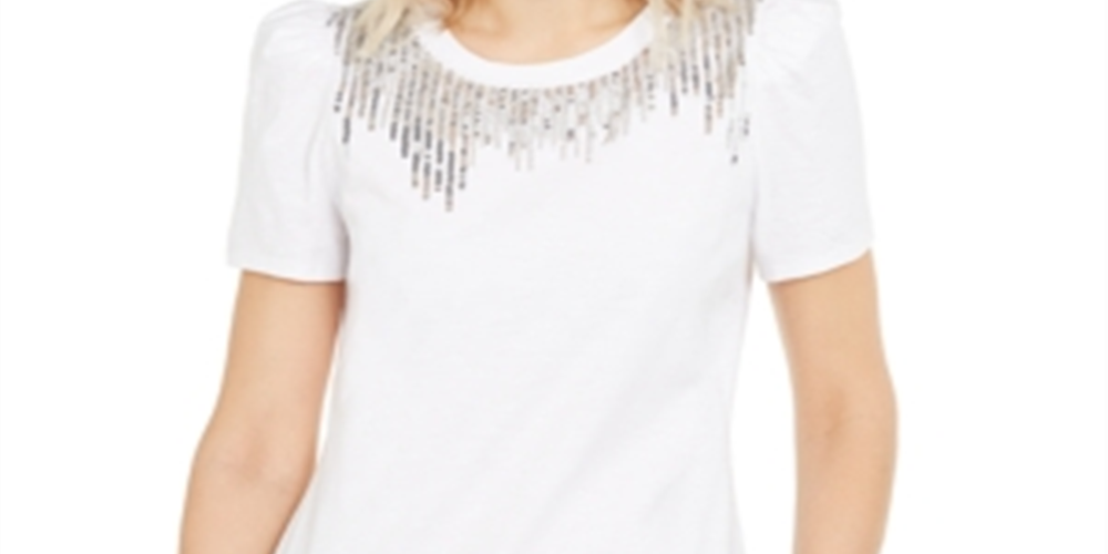 Camiseta feminina de algodão com franjas e lantejoulas da INC International Concepts, branca, tamanho pequeno GG