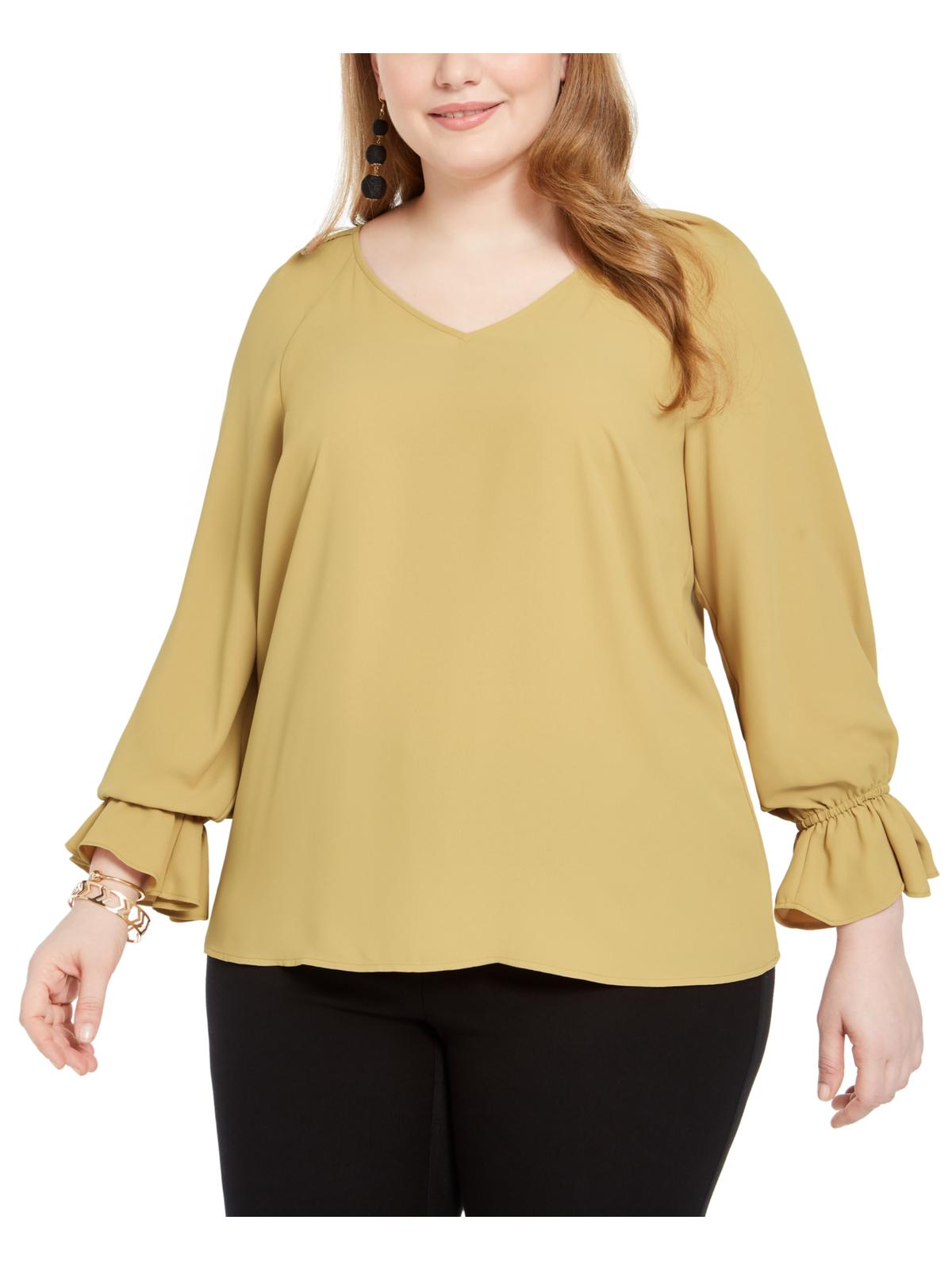 Blusa feminina Bar III Plus com babados e decote em V, amarela, tamanho 1X