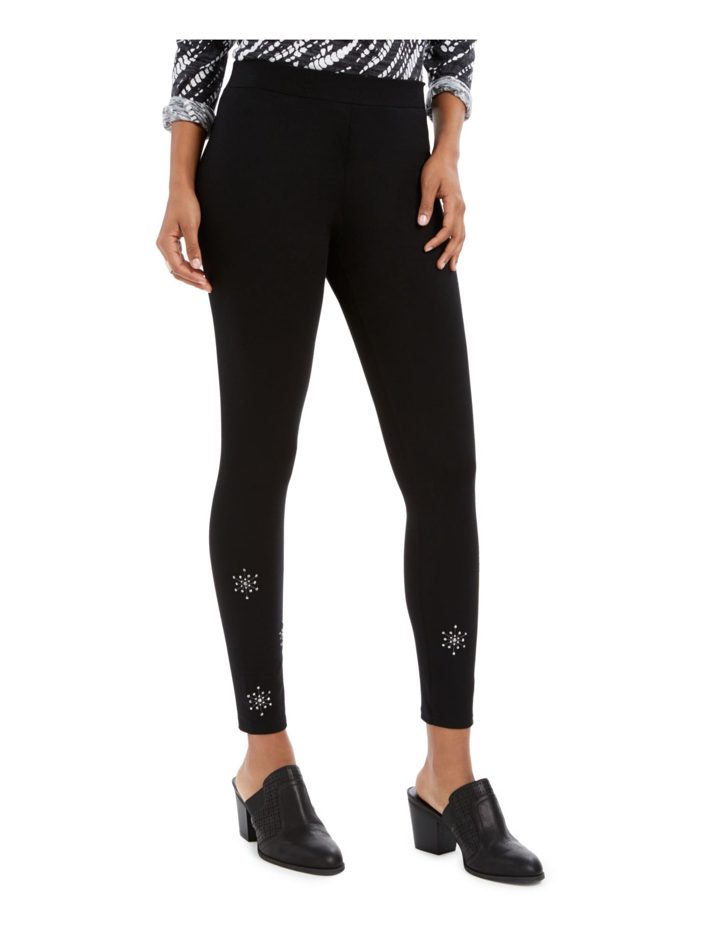 Leggings femininas estilo floco de neve com tachas pretas tamanho X-S