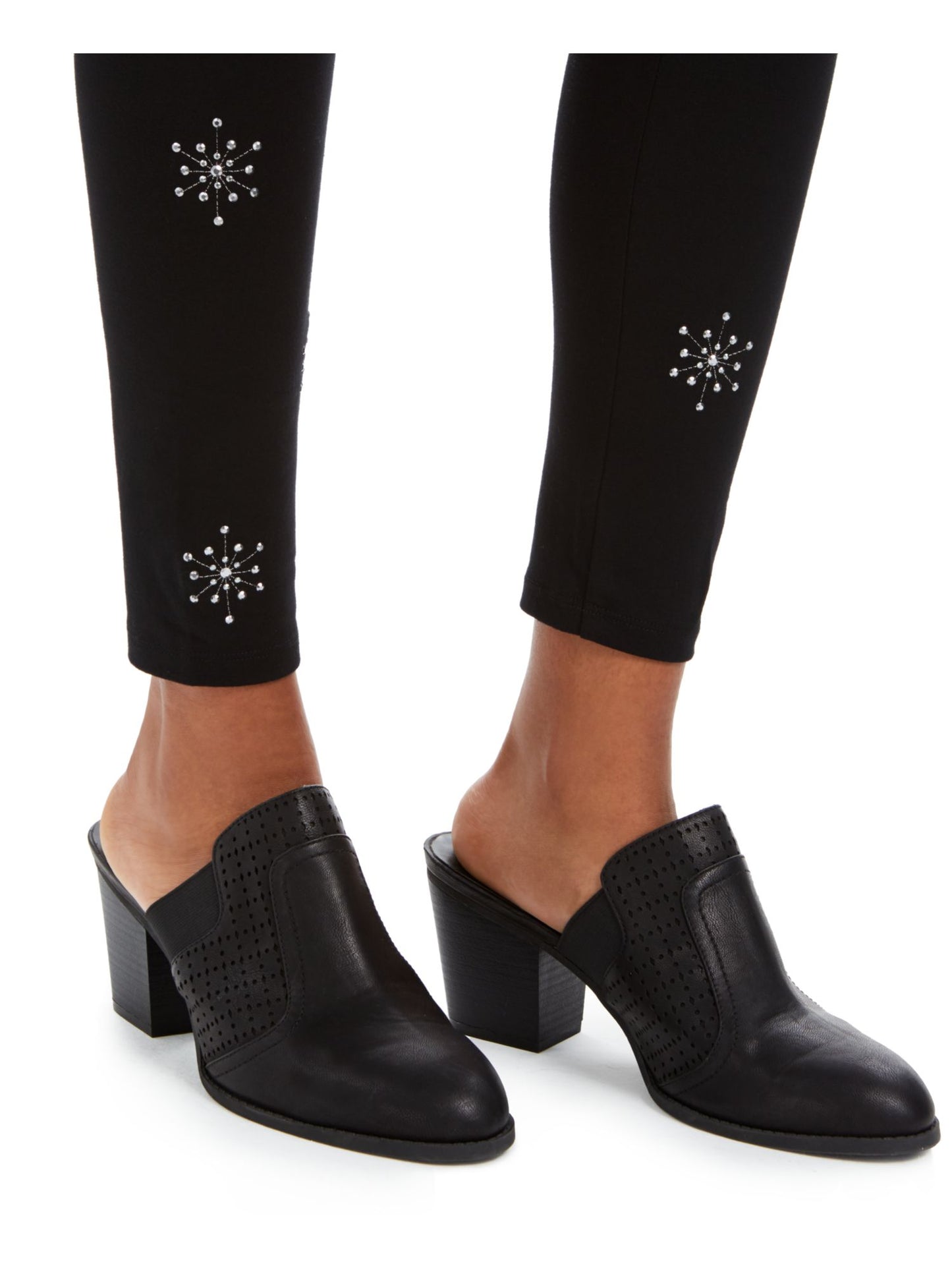 Leggings femininas estilo floco de neve com tachas pretas tamanho X-S