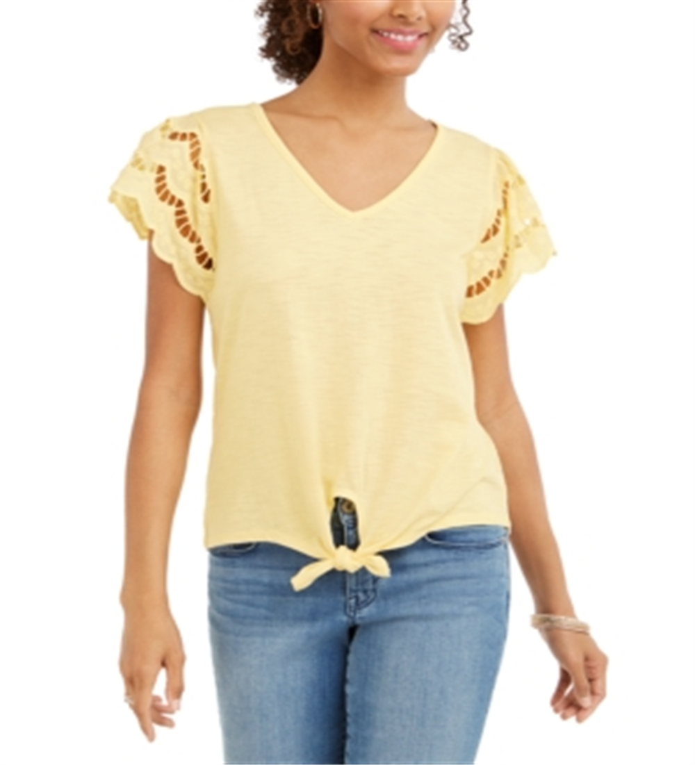 Blusa feminina com mangas ilhós e amarração frontal, amarela, tamanho XS, da Style &amp; Co