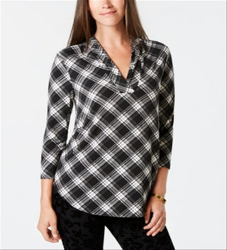 Charter Club New Plaiditude Xadrez Top Feminino Preto Tamanho Grande