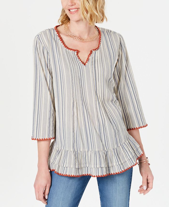 Blusa listrada de algodão com babados e listras Willow Brown, tamanho G