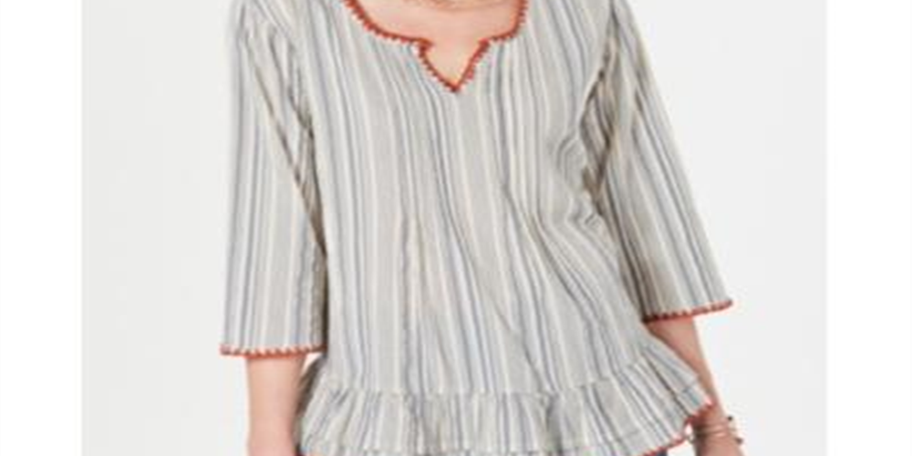 Blusa listrada de algodão com babados e listras Willow Brown, tamanho G