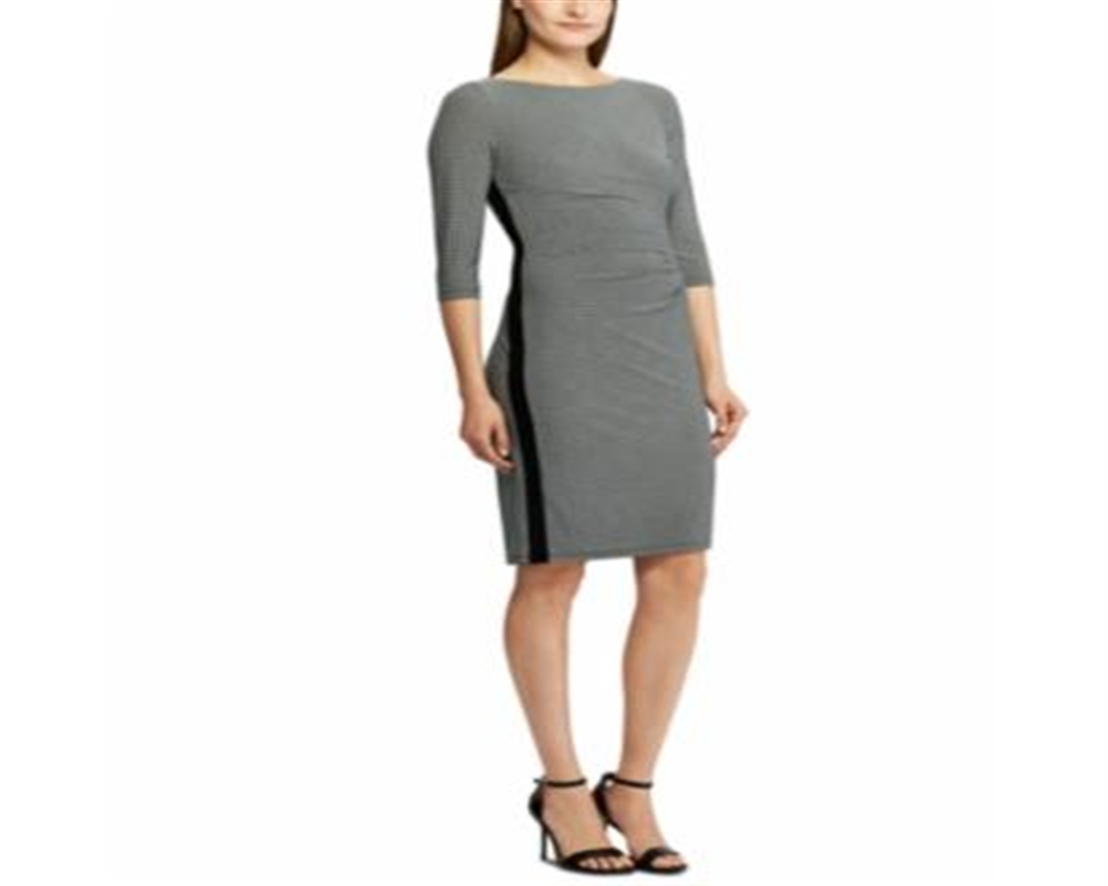 Vestido de malha franzido feminino Lauren by Ralph Lauren, preto/creme colonial, tamanho 12P