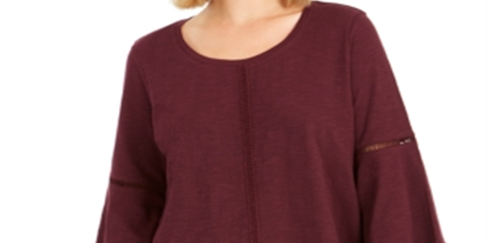 Blusa feminina estilo &amp; co, manga sino, acabamento em crochê, roxa, tamanho médio