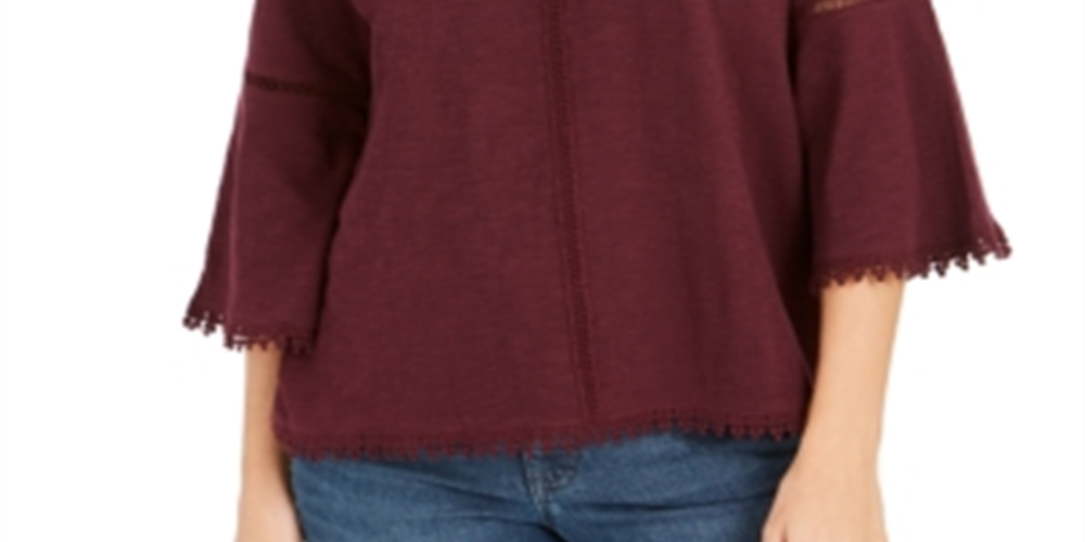 Blusa feminina estilo &amp; co, manga sino, acabamento em crochê, roxa, tamanho médio