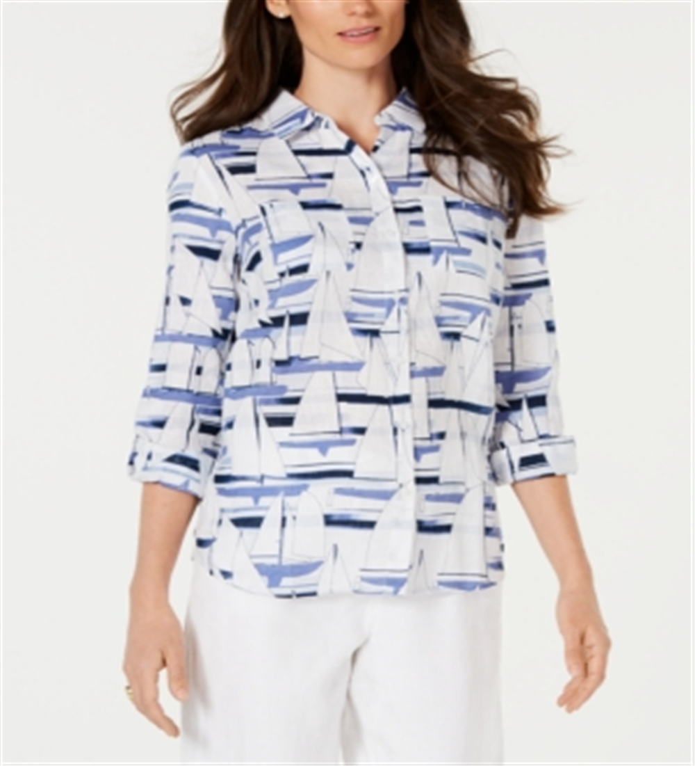 Camisa utilitária feminina Charter Club Petite Linen Sailboat com estampa branca brilhante, tamanho Petit M