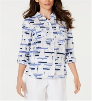 Camisa utilitária feminina Charter Club Petite Linen Sailboat com estampa branca brilhante, tamanho Petit M