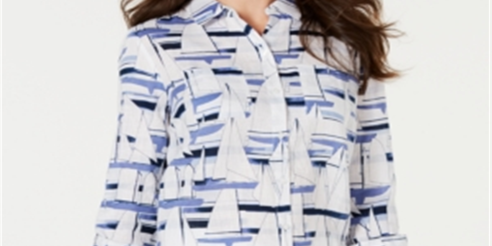 Camisa utilitária feminina Charter Club Petite Linen Sailboat com estampa branca brilhante, tamanho Petit M