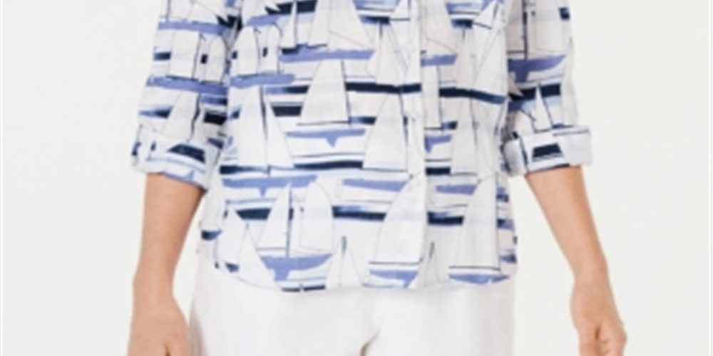 Camisa utilitária feminina Charter Club Petite Linen Sailboat com estampa branca brilhante, tamanho Petit M