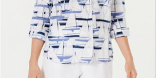 Camisa utilitária feminina Charter Club Petite Linen Sailboat com estampa branca brilhante, tamanho Petit M