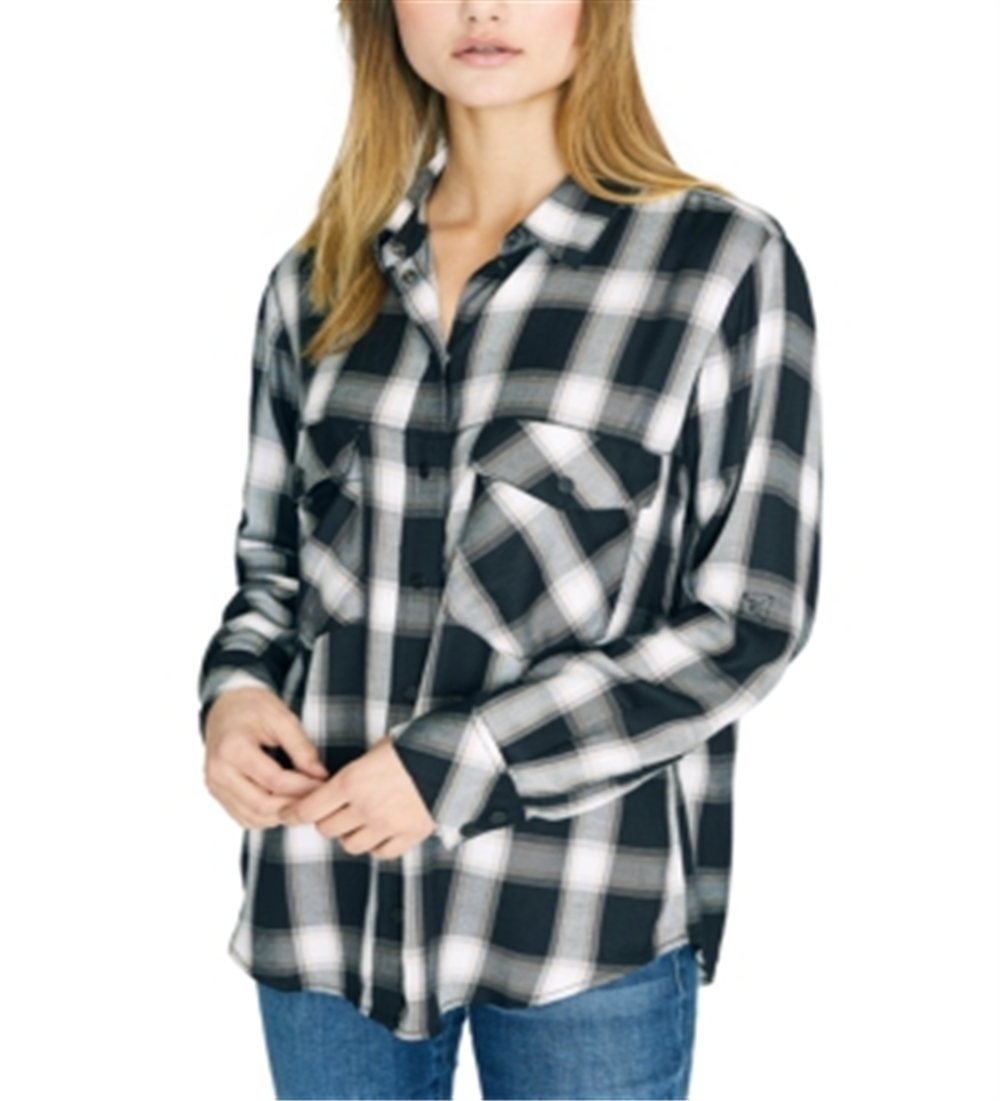 Blusa xadrez boyfriend feminina Sanctuary New Generation, preta, tamanho G