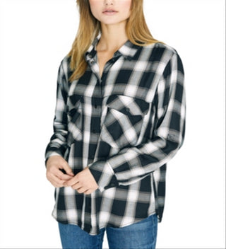 Blusa xadrez boyfriend feminina Sanctuary New Generation, preta, tamanho G