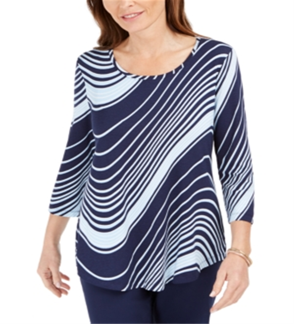 Camiseta feminina com estampa de redemoinho e manga 3/4 da coleção JM, azul, tamanho médio