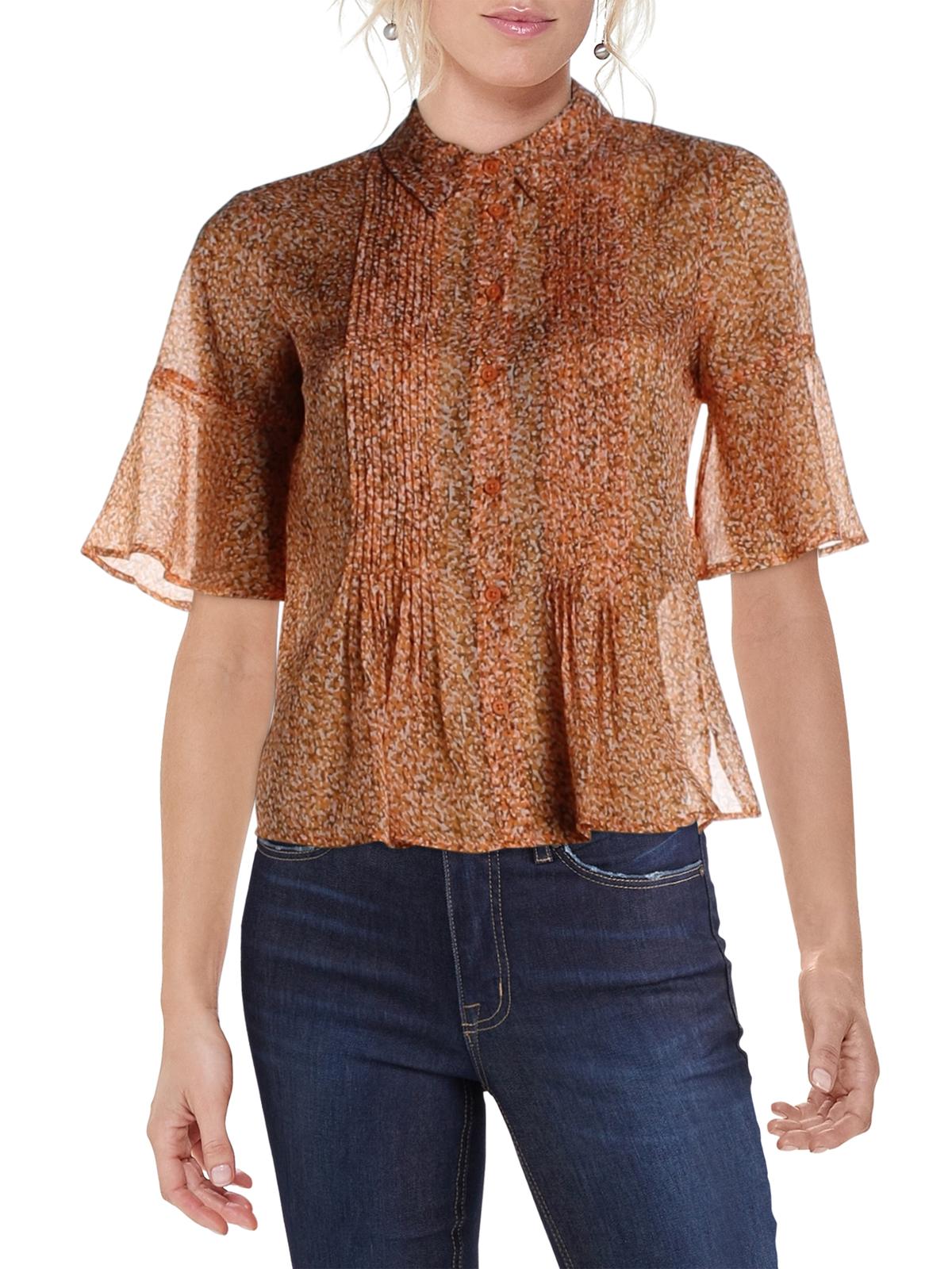Blusa feminina French Connection com babados, transparente, estampada com botões na frente, manga curta e gola, laranja, tamanho 6