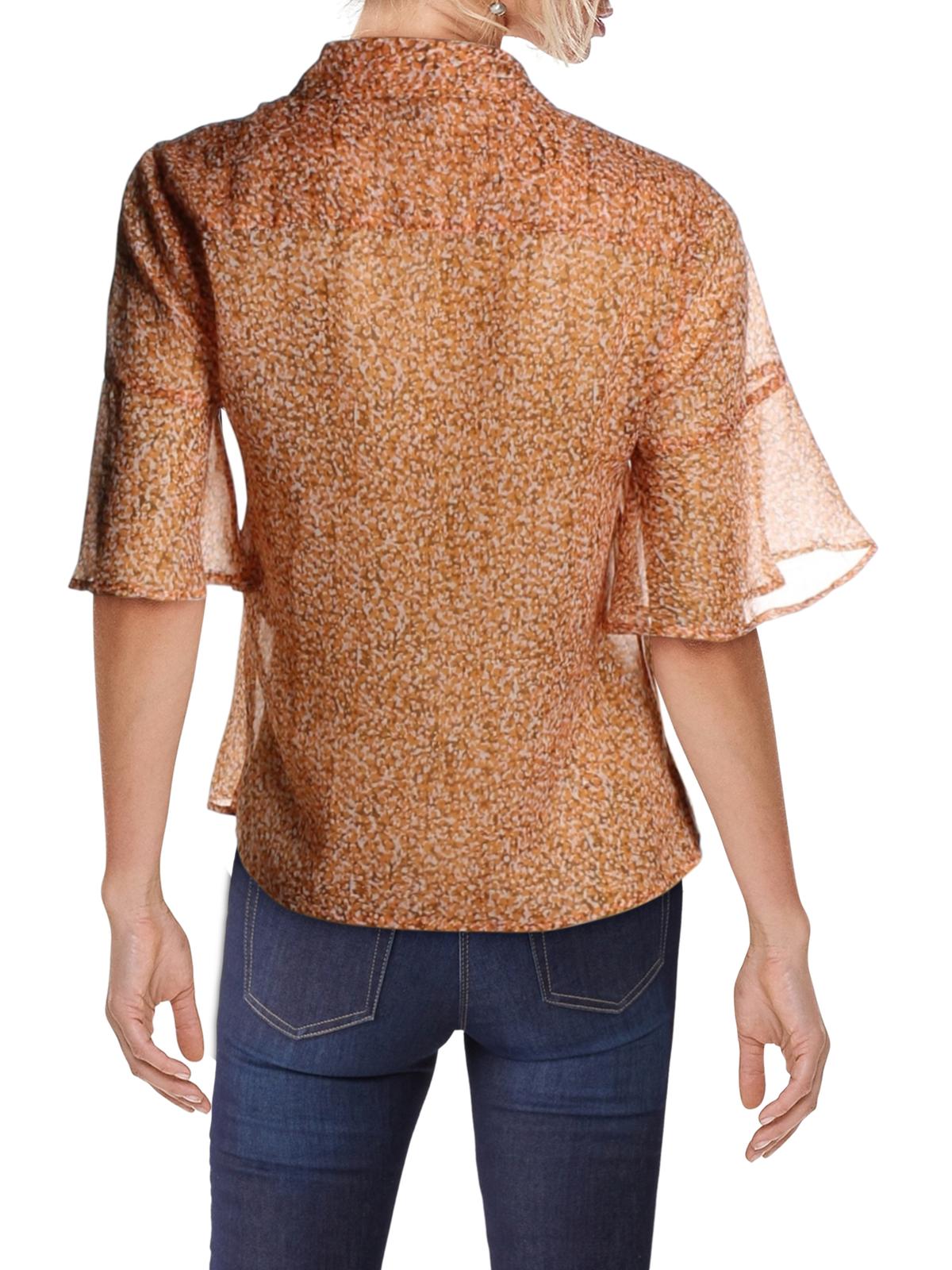 Blusa feminina French Connection com babados, transparente, estampada com botões na frente, manga curta e gola, laranja, tamanho 6