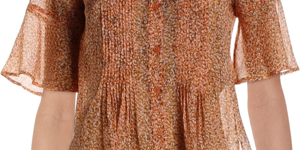 Blusa feminina French Connection com babados, transparente, estampada com botões na frente, manga curta e gola, laranja, tamanho 6