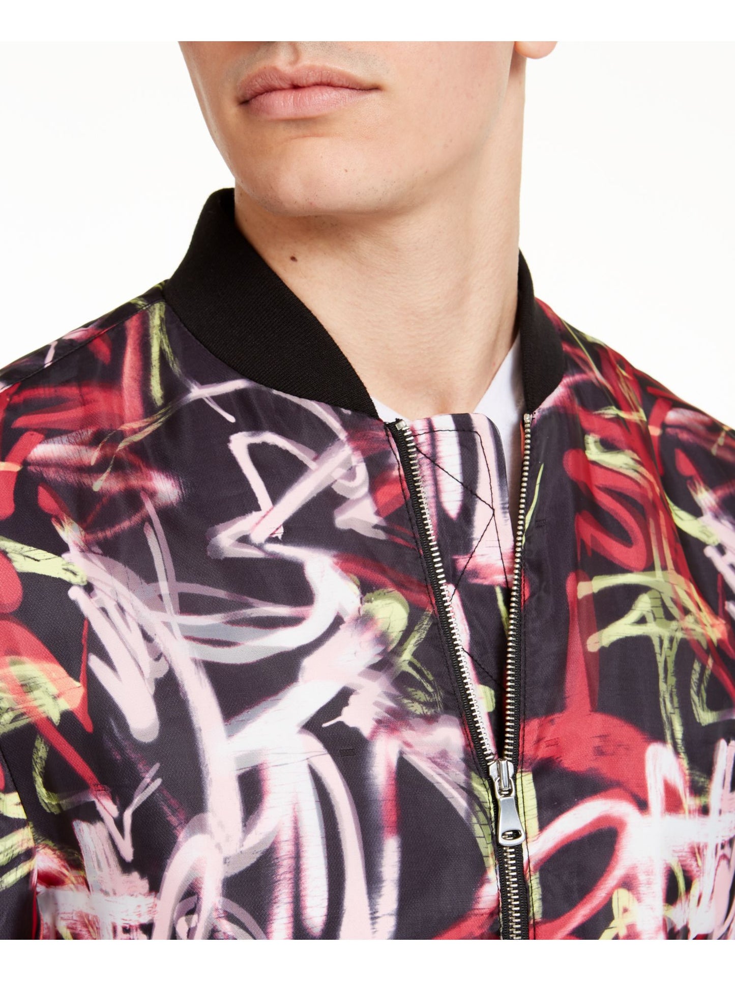 Jaqueta masculina estampada com zíper da INC International Concepts, preta, tamanho X-Large