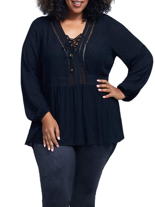 Blusas femininas Seven7 Caviar Semisheer Accent Lace Up Manga Longa Top Preto Tamanho 1X