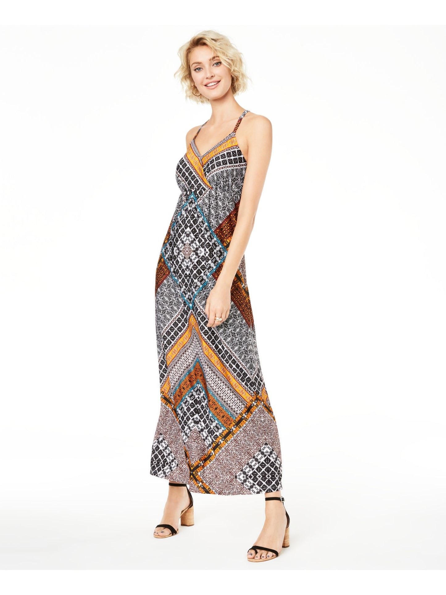 Vestido longo com decote em V e sem mangas estampado INC feminino, preto, tamanho XL