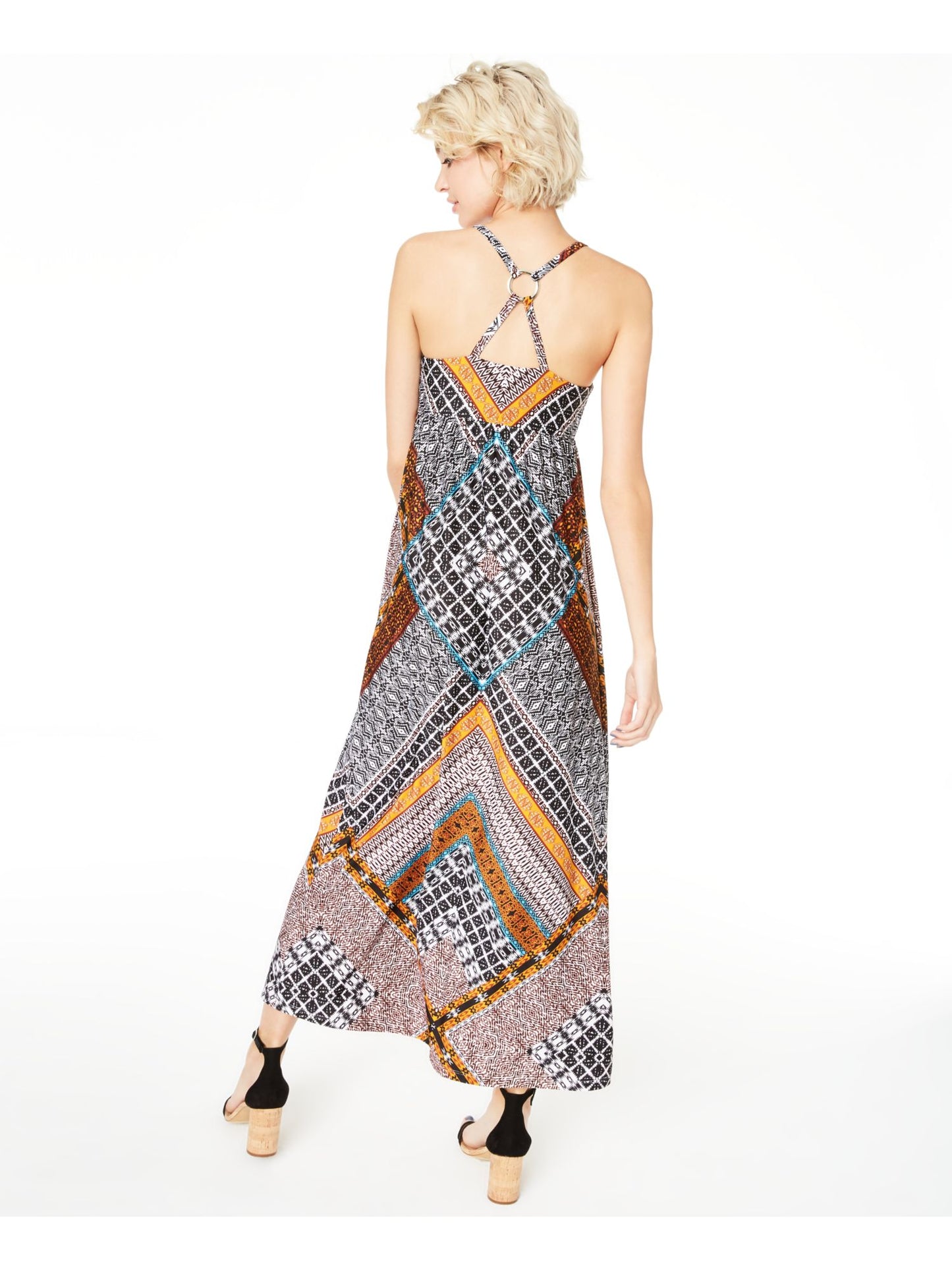 Vestido longo com decote em V e sem mangas estampado INC feminino, preto, tamanho XL