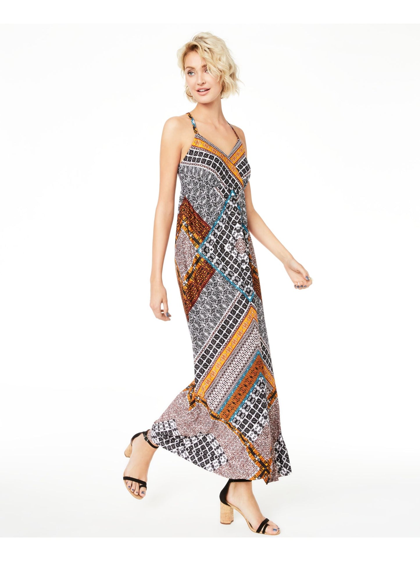 Vestido longo com decote em V e sem mangas estampado INC feminino, preto, tamanho XL