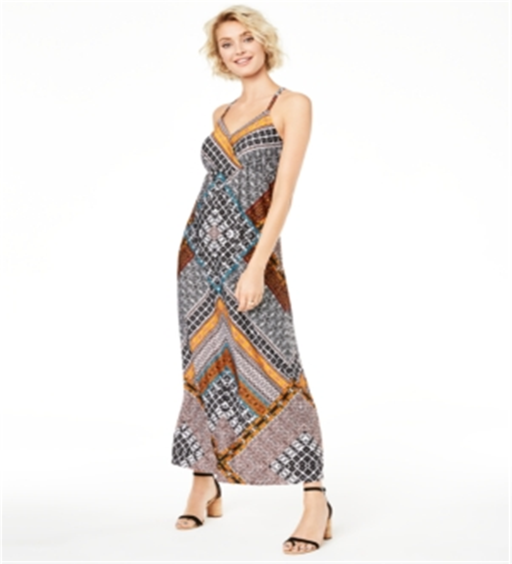 Vestido longo com decote em V e sem mangas estampado INC feminino, preto, tamanho XL