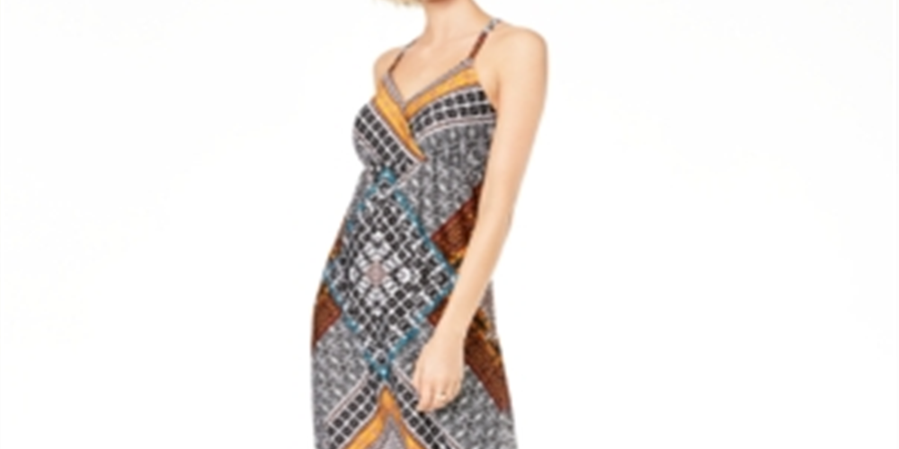 Vestido longo com decote em V e sem mangas estampado INC feminino, preto, tamanho XL