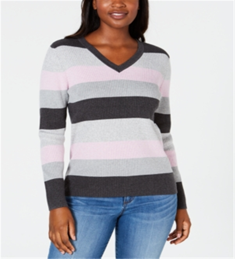 Karen Scott Suéter de algodão feminino com decote em V e blocos de cores, roxo, tamanho 2XL