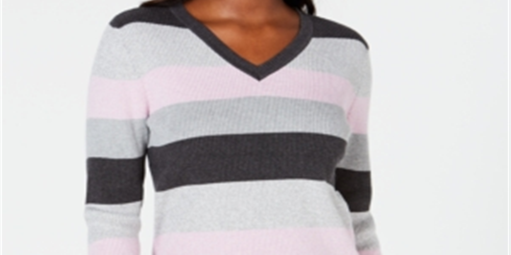 Karen Scott Suéter de algodão feminino com decote em V e blocos de cores, roxo, tamanho 2XL