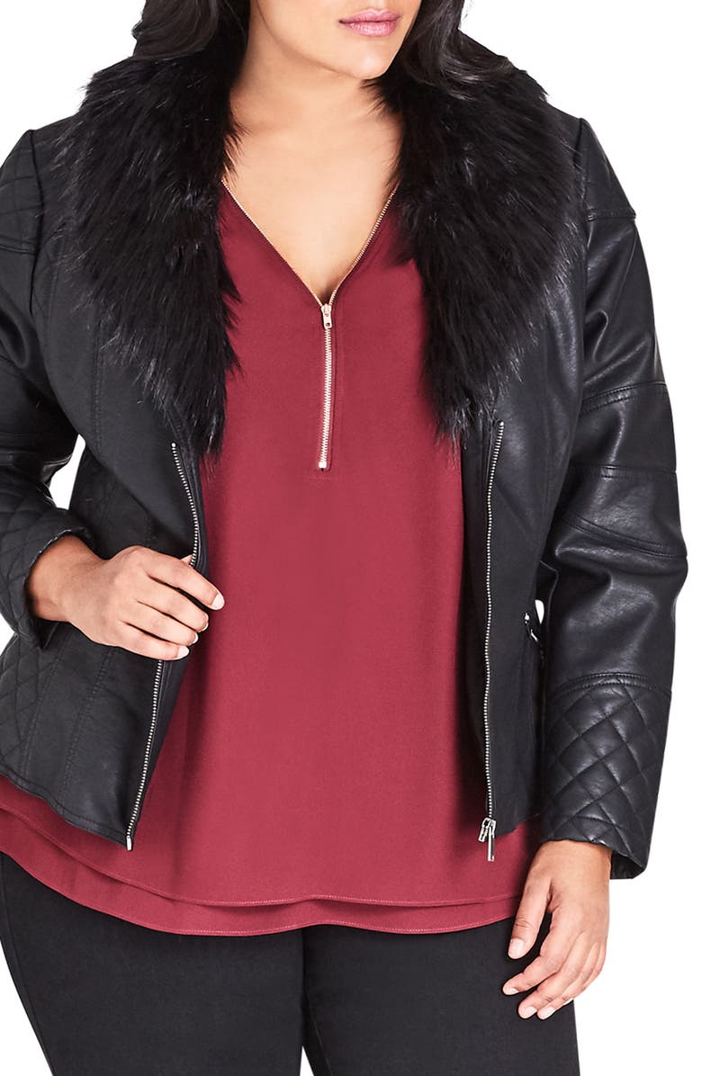 Jaqueta feminina City Chic Plus Panther Pleather com gola de pele sintética - preta, tamanho P