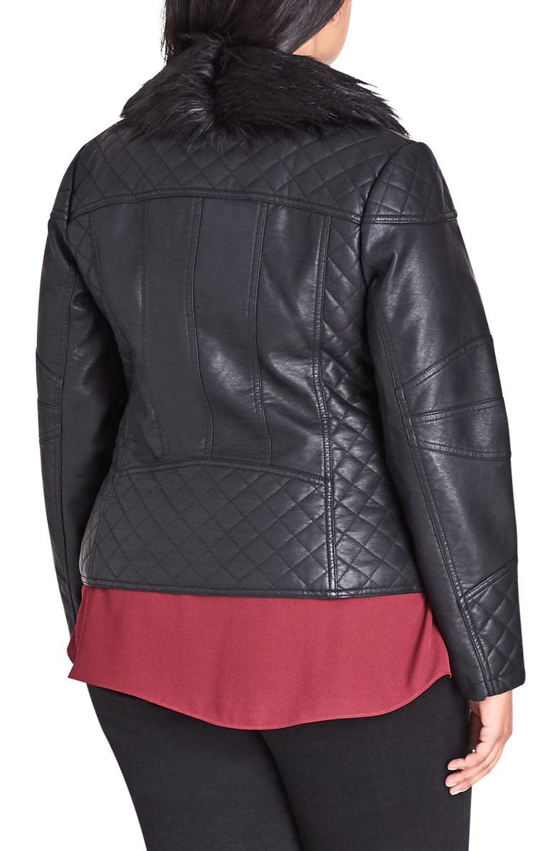 Jaqueta feminina City Chic Plus Panther Pleather com gola de pele sintética - preta, tamanho P